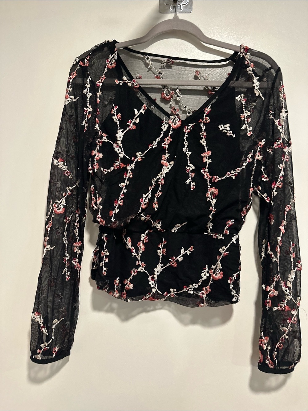 White House Black Market Black Mesh Sheer Top SzS Embroidered Floral Cottagecore